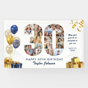 30th Birthday Number 30 Photo Collage White Gold Banner