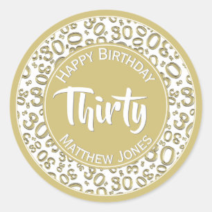 30th Birthday Number Pattern Gold/White 30 Classic Round Sticker