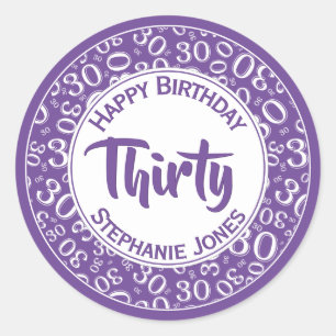 30th Birthday Number Pattern Purple/White 30  Classic Round Sticker