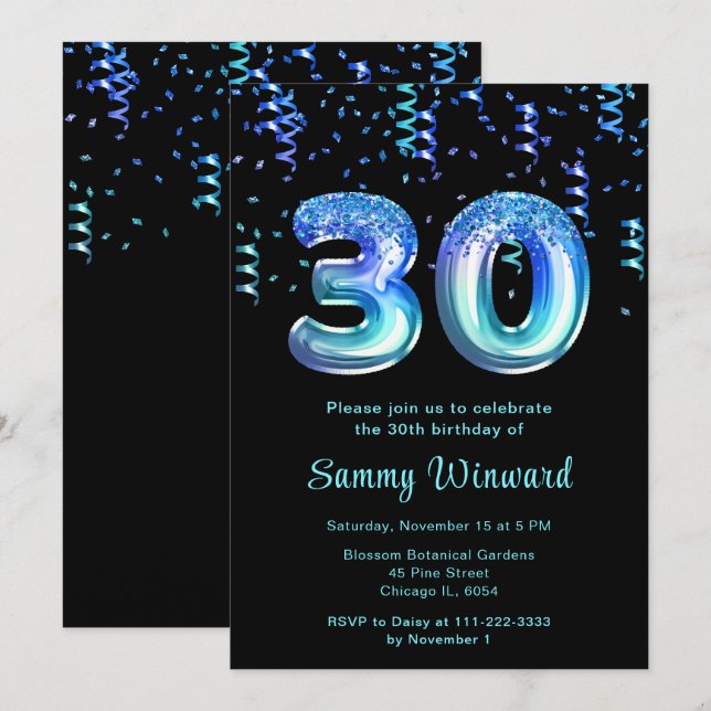 30th Birthday Ocean Balloons with Confetti Invitation (Front/Back)