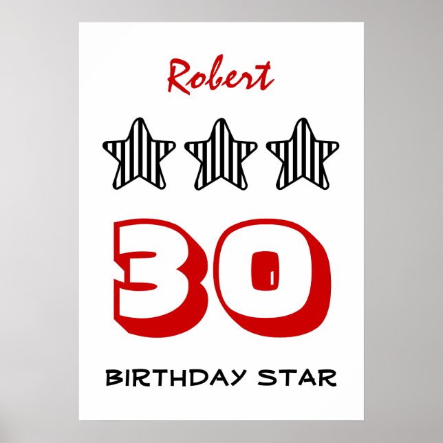 30th Birthday or ANY AGE Striped Stars Custom Name Poster (Front)