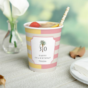 30th Birthday Palm Beach Pastel Stripe Tropical Paper Cups