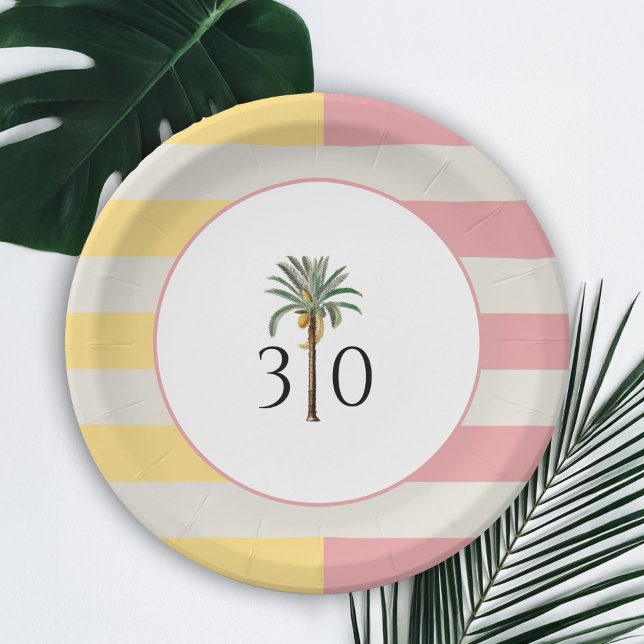 30th Birthday Palm Beach Tropical Pastel Stripe Paper Plate (Creator Uploaded)