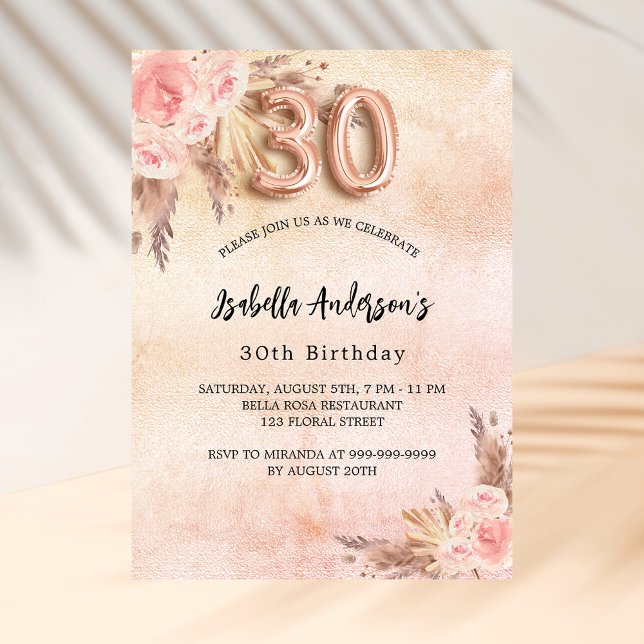 30th birthday pampas grass rose gold flower luxury invitation (Creator Uploaded)
