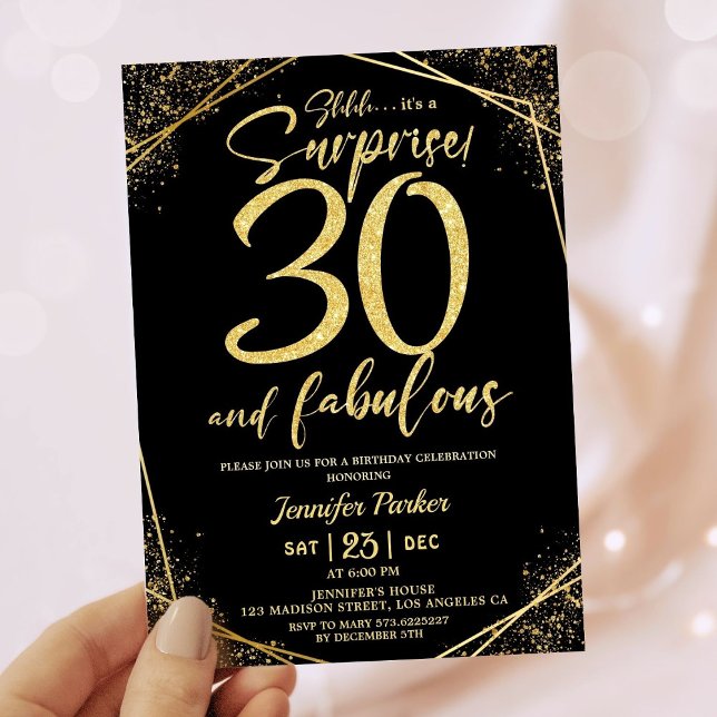 30th Birthday Party 30 Fabulous Black Gold Glitter Invitation (Creator Uploaded)