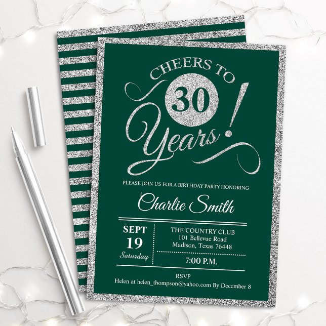 30th Birthday Party - ANY AGE Green Silver Invitation (Creator Uploaded)