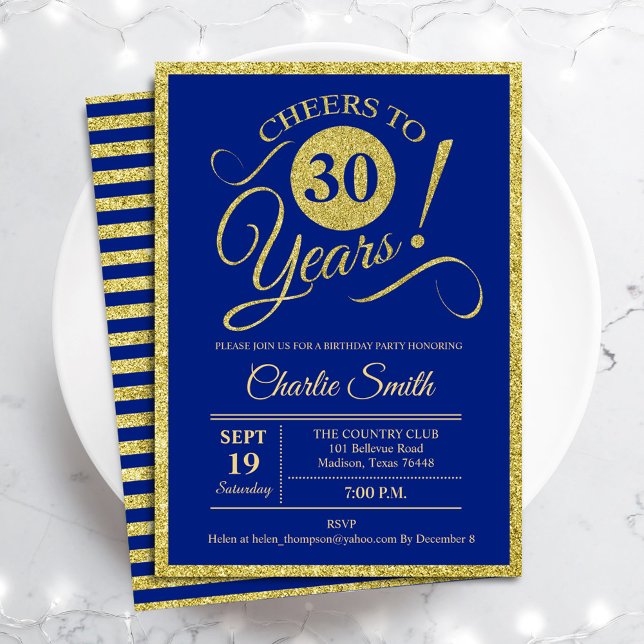 30th Birthday Party - ANY AGE Royal Blue Gold Invitation (Creator Uploaded)