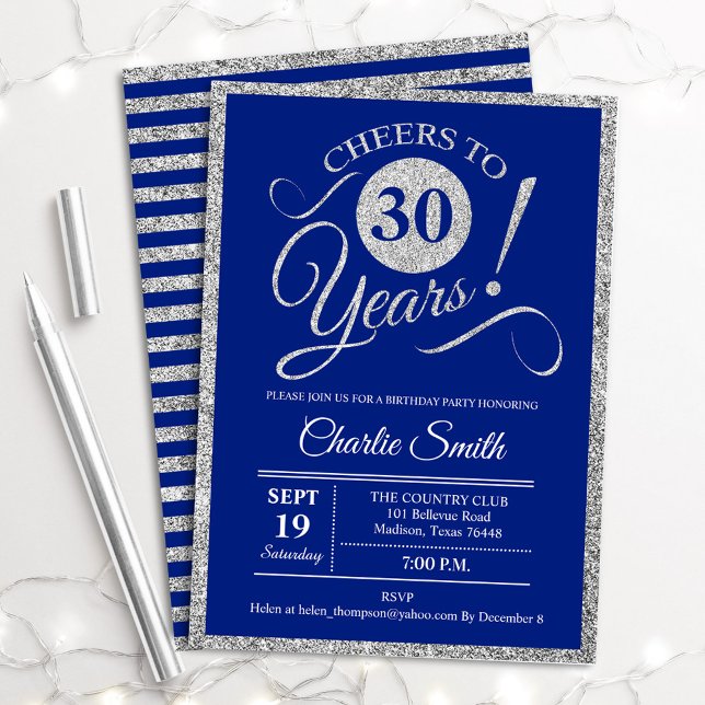 30th Birthday Party - ANY AGE Silver Royal Blue Invitation (Creator Uploaded)