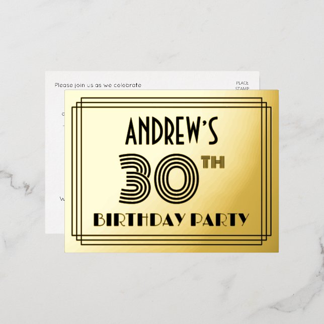 30th Birthday Party ~ Art Deco Style “30” + Name Foil Invitation Postcard (Front/Back)