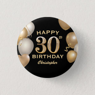 30th Birthday Party Black and Gold Balloons 3 Cm Round Badge