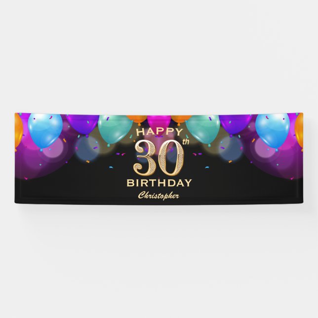 30th Birthday Party Black and Gold Balloons Banner (Horizontal)