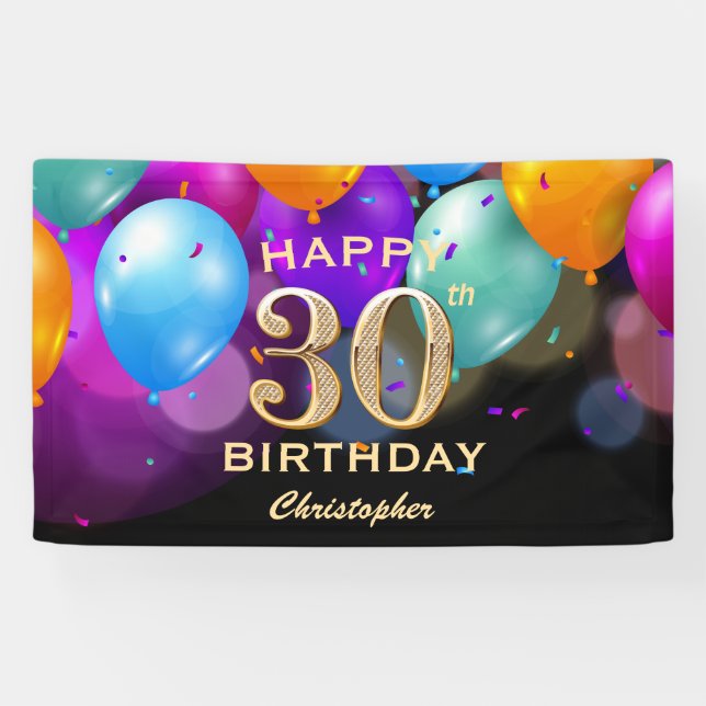 30th Birthday Party Black and Gold Balloons Banner (Horizontal)