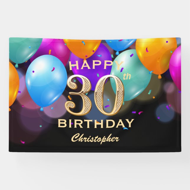 30th Birthday Party Black and Gold Balloons Banner (Horizontal)