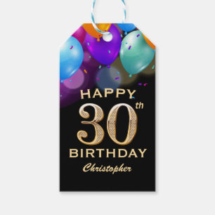 30th Birthday Party Black and Gold Balloons Gift Tags