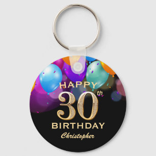 30th Birthday Party Black and Gold Balloons Key Ring