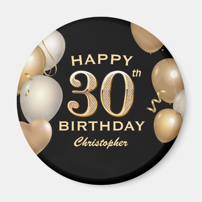 30th Birthday Party Black and Gold Balloons Magnet (Front)
