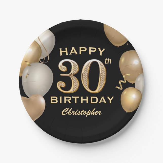 30th Birthday Party Black and Gold Balloons Paper Plate (Front)