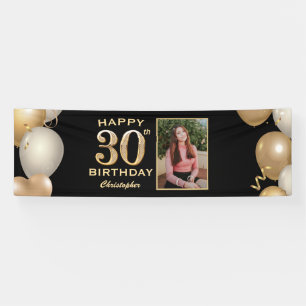 30th Birthday Party Black and Gold Balloons Photo Banner