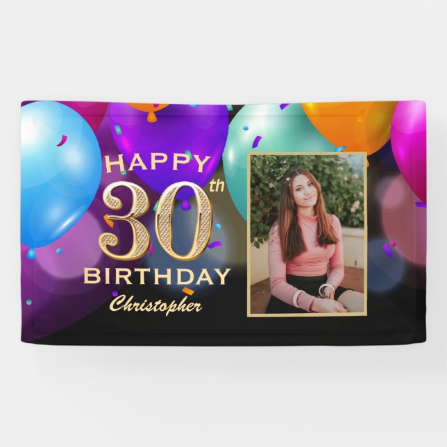 30th Birthday Party Black and Gold Balloons Photo Banner (Horizontal)