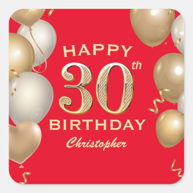 30th Birthday Party Black and Gold Balloons Square Sticker (Front)