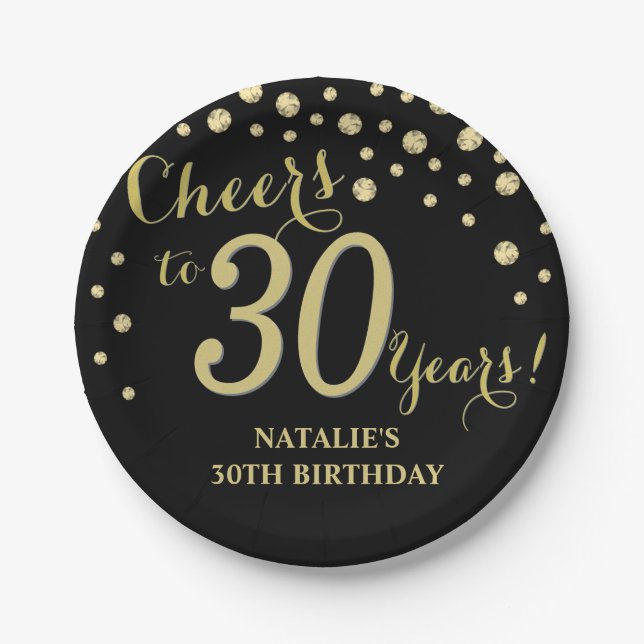 30th Birthday Party Black and Gold Diamond Paper Plate (Front)