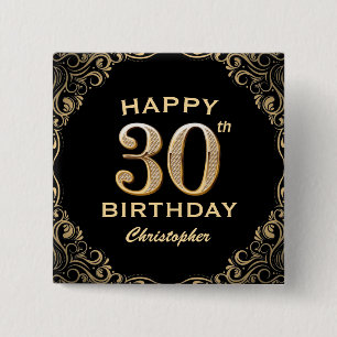 30th Birthday Party Black and Gold Glitter Frame 15 Cm Square Badge