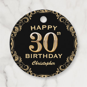 30th Birthday Party Black and Gold Glitter Frame Favour Tags