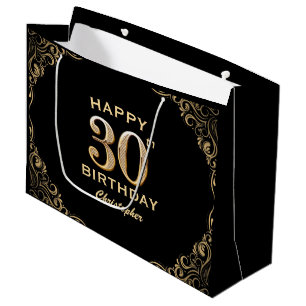 30th Birthday Party Black and Gold Glitter Frame Large Gift Bag