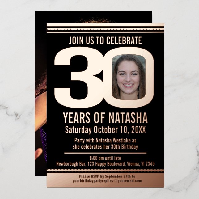 30th Birthday party black and rose gold foil photo (Front/Back)
