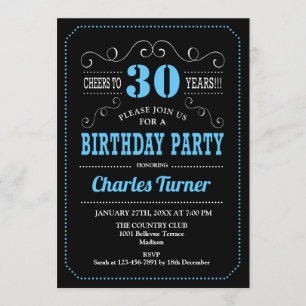 30th Birthday Party - Black Blue Invitation