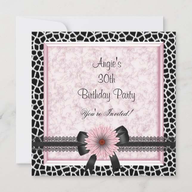 30th Birthday Party Black Giraffe Pink Floral Bow Invitation (Front)