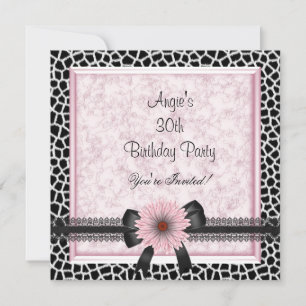 30th Birthday Party Black Giraffe Pink Floral Bow Invitation
