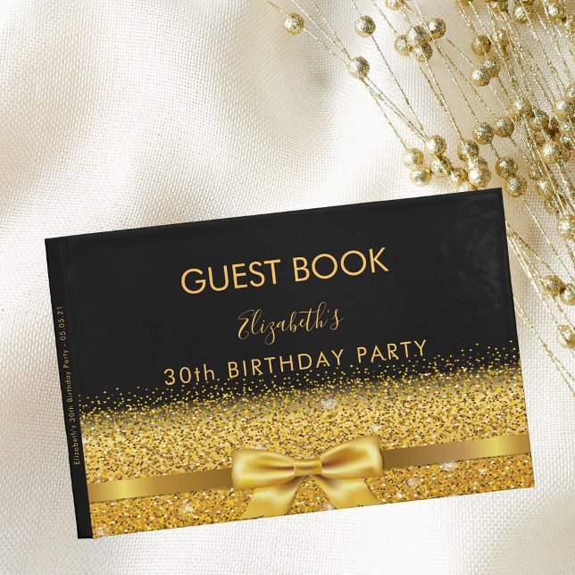 30th birthday party black gold bow glam sparkle guest book (Creator Uploaded)