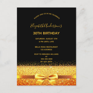 30th birthday party black gold bow invitation postcard