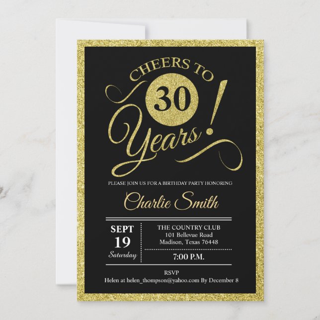 30th Birthday Party - Black Gold Invitation (Front)