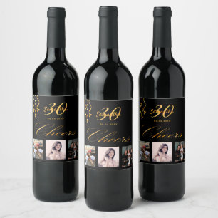 30th birthday party black gold photo cheers wine label