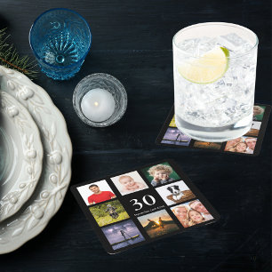 30th birthday party black photo collage guy square paper coaster