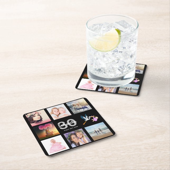 30th birthday party black photo collage name square paper coaster (Insitu)