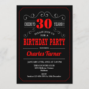 30th Birthday Party - Black Red White Invitation