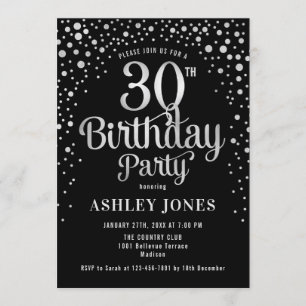 30th Birthday Party - Black & Silver Invitation