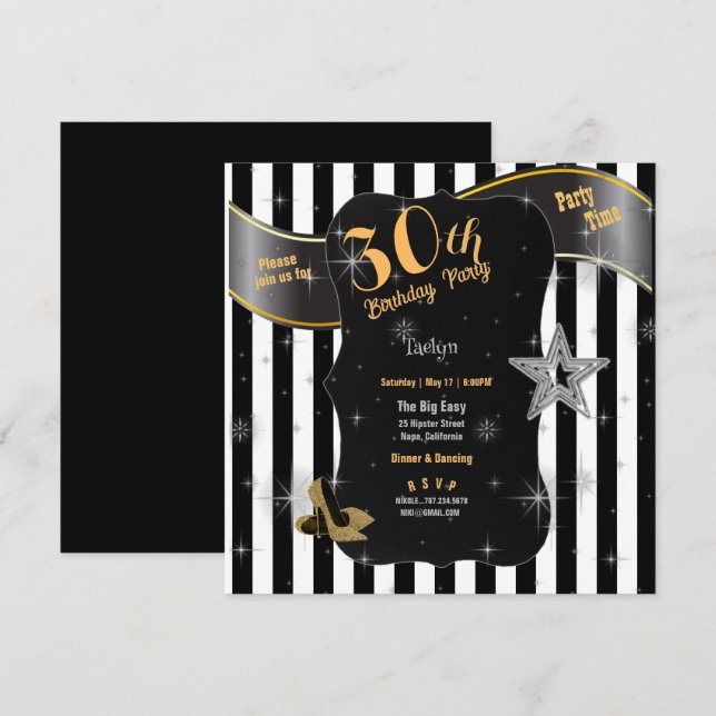 30th Birthday Party Black Stripes Gold Stiletto's  Invitation (Front/Back)