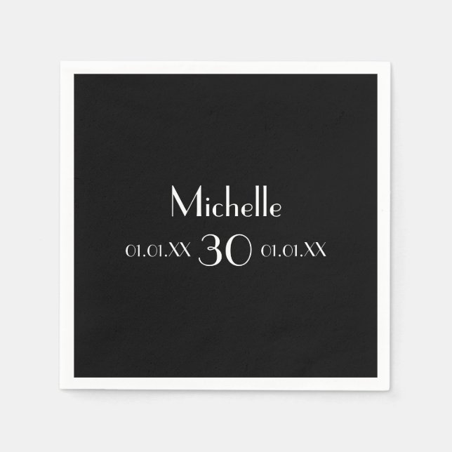 30th birthday party black white name minimalist napkin (Front)