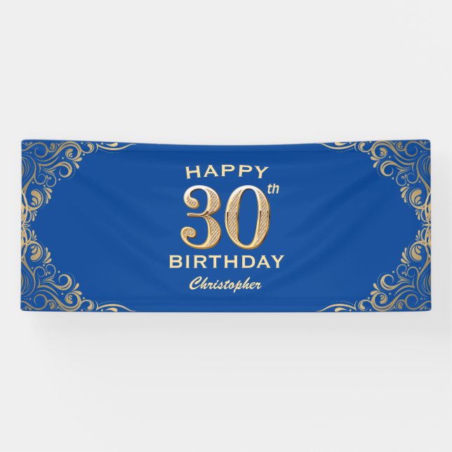 30th Birthday Party Blue and Gold Glitter Frame Banner (Horizontal)