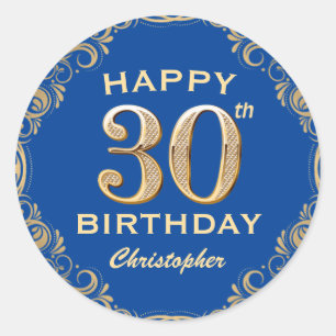 30th Birthday Party Blue and Gold Glitter Frame Classic Round Sticker