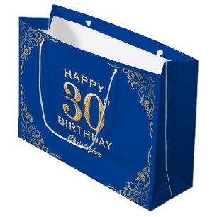 30th Birthday Party Blue and Gold Glitter Frame Large Gift Bag