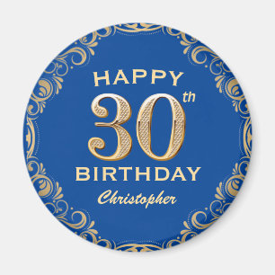 30th Birthday Party Blue and Gold Glitter Frame Magnet