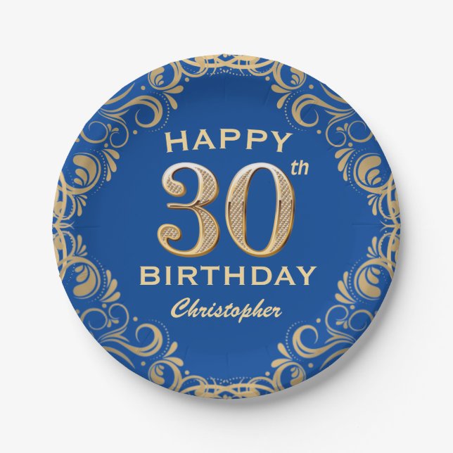 30th Birthday Party Blue and Gold Glitter Frame Paper Plate (Front)