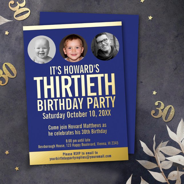 30th Birthday party blue gold foil photo circles (Creator Uploaded)