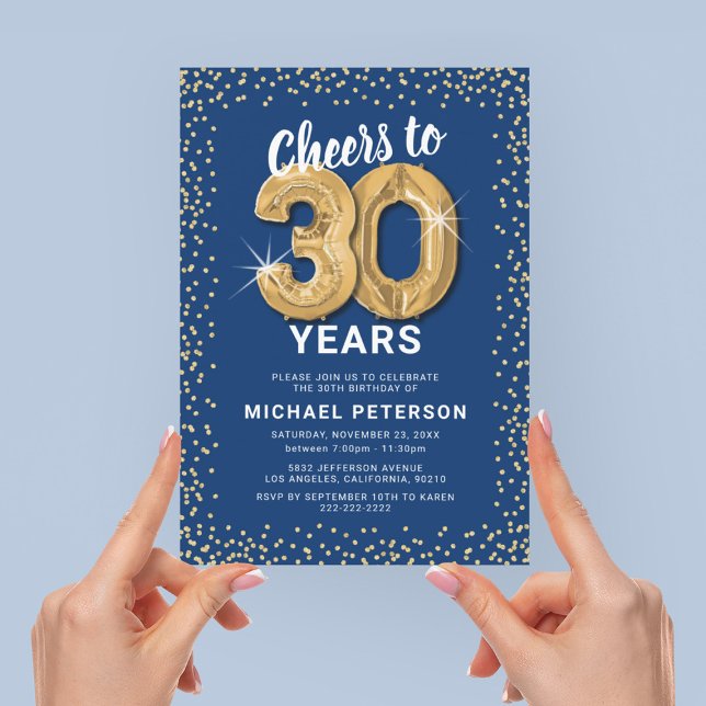 30th Birthday Party Blue Gold Invitation (Creator Uploaded)