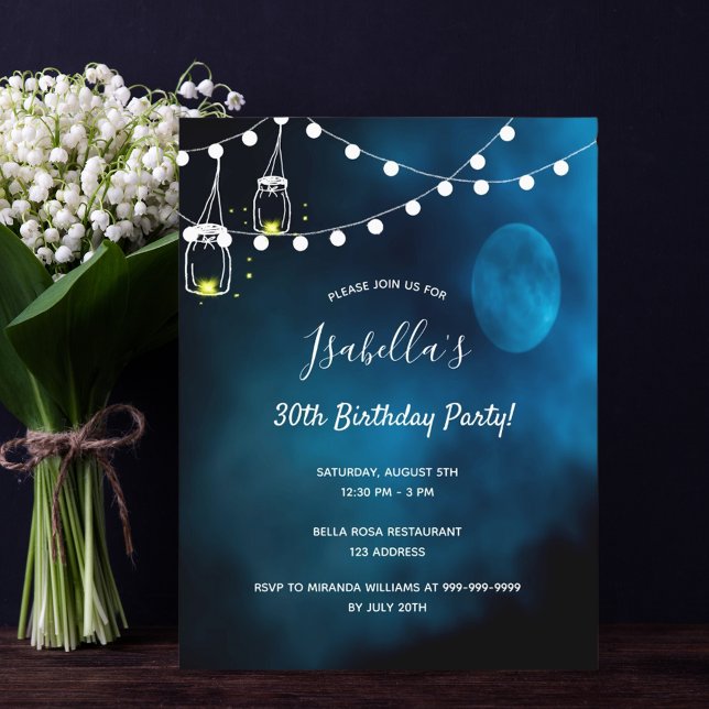 30th Birthday party blue moon lights Invitation Postcard (Creator Uploaded)